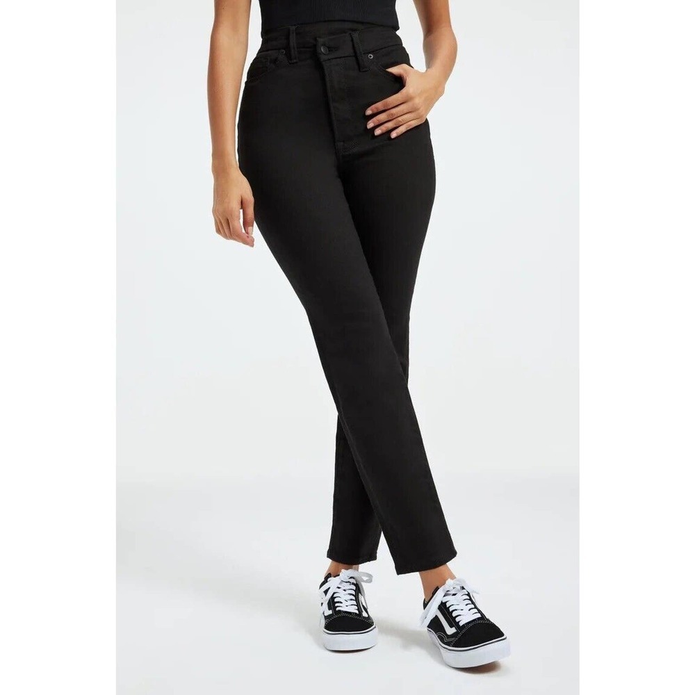 Good American | Women Black Straight Slim Leg Crossover Jeans Size 6 / 28